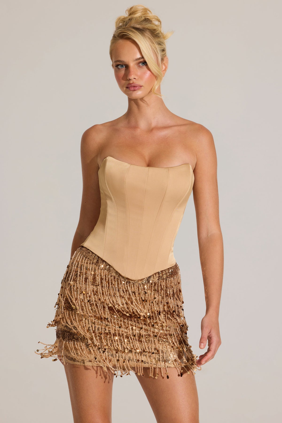 Chic Satin Corset Fringed Mini Dress in Gold