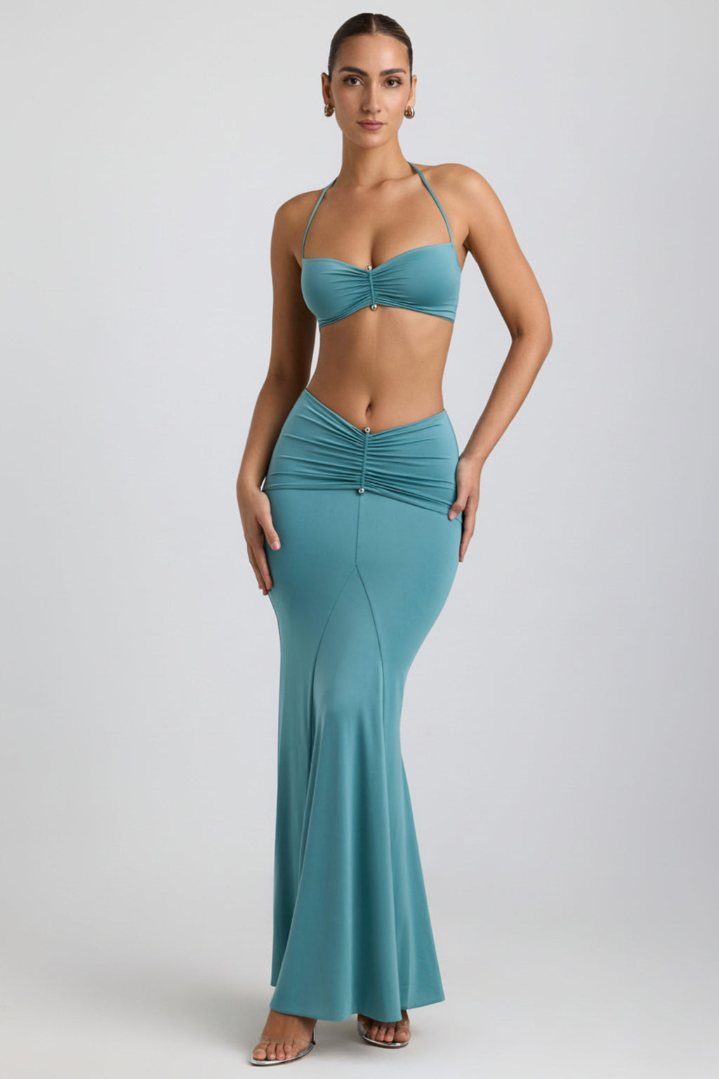 Chic Slinky Jersey Hardware Detail Maxi Skirt in Sea Green