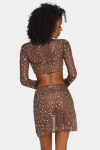 Chic Sheer Embellished Long Sleeve Crop Top in Deep Cocoa