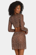 Chic Sheer Embellished Long Sleeve Crop Top in Deep Cocoa