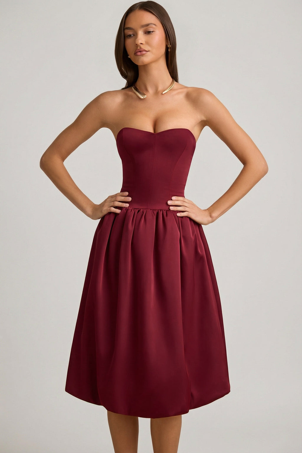 Chic Convertible Bow-Detail Bubble Hem Midaxi Dress in Wine Red