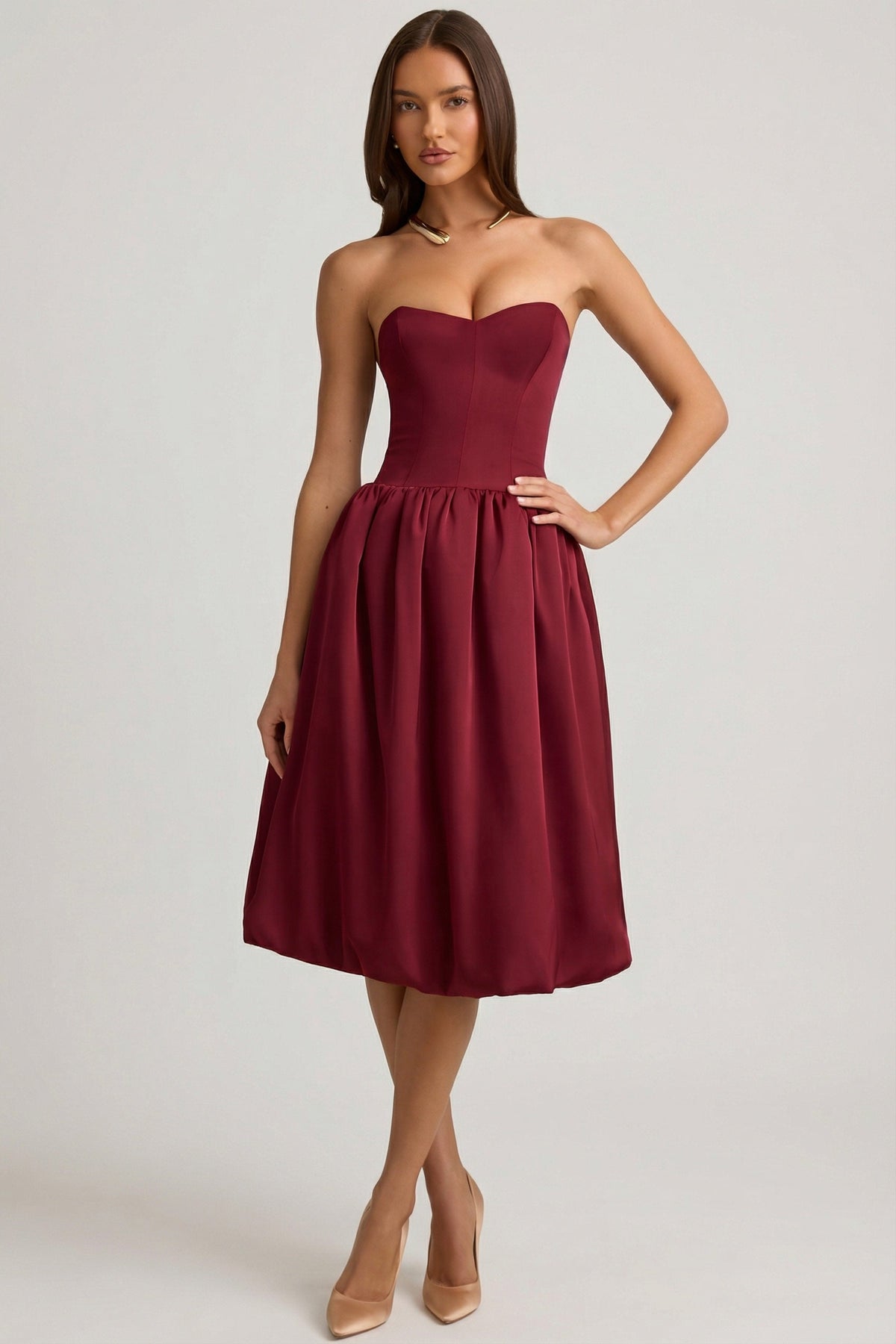 Chic Convertible Bow-Detail Bubble Hem Midaxi Dress in Wine Red