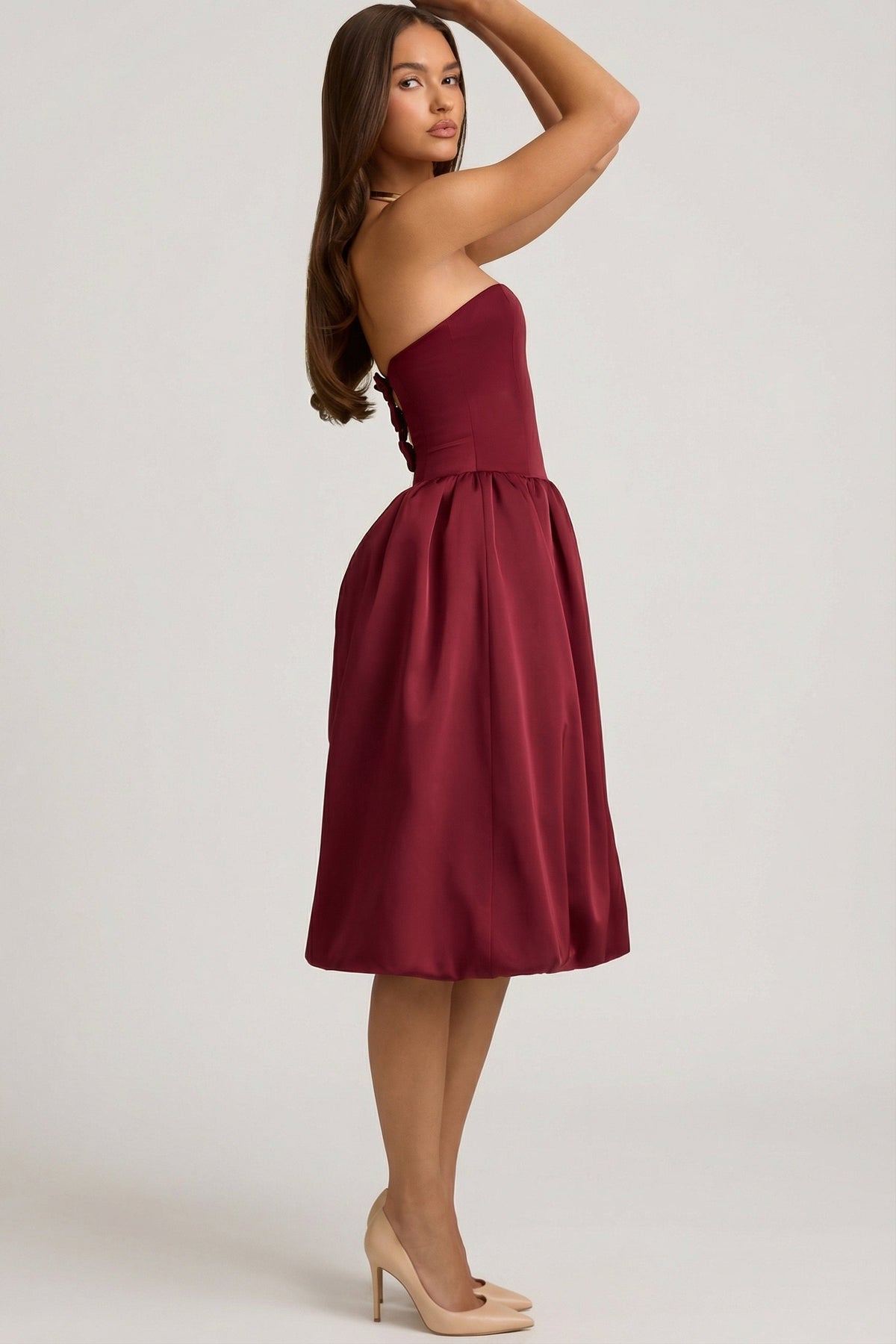 Chic Convertible Bow-Detail Bubble Hem Midaxi Dress in Wine Red