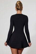 Chic Bow-Detail Plunge-Neck A-Line Mini Dress in Black