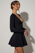Chic Bow-Detail Plunge-Neck A-Line Mini Dress in Black