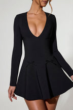 Chic Bow-Detail Plunge-Neck A-Line Mini Dress in Black