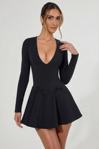 Chic Bow-Detail Plunge-Neck A-Line Mini Dress in Black