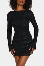 Chic Embellished Open-Back A-Line Mini Dress in Black