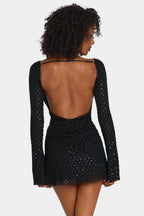 Chic Embellished Open-Back A-Line Mini Dress in Black