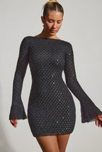 Chic Embellished Open-Back A-Line Mini Dress in Black