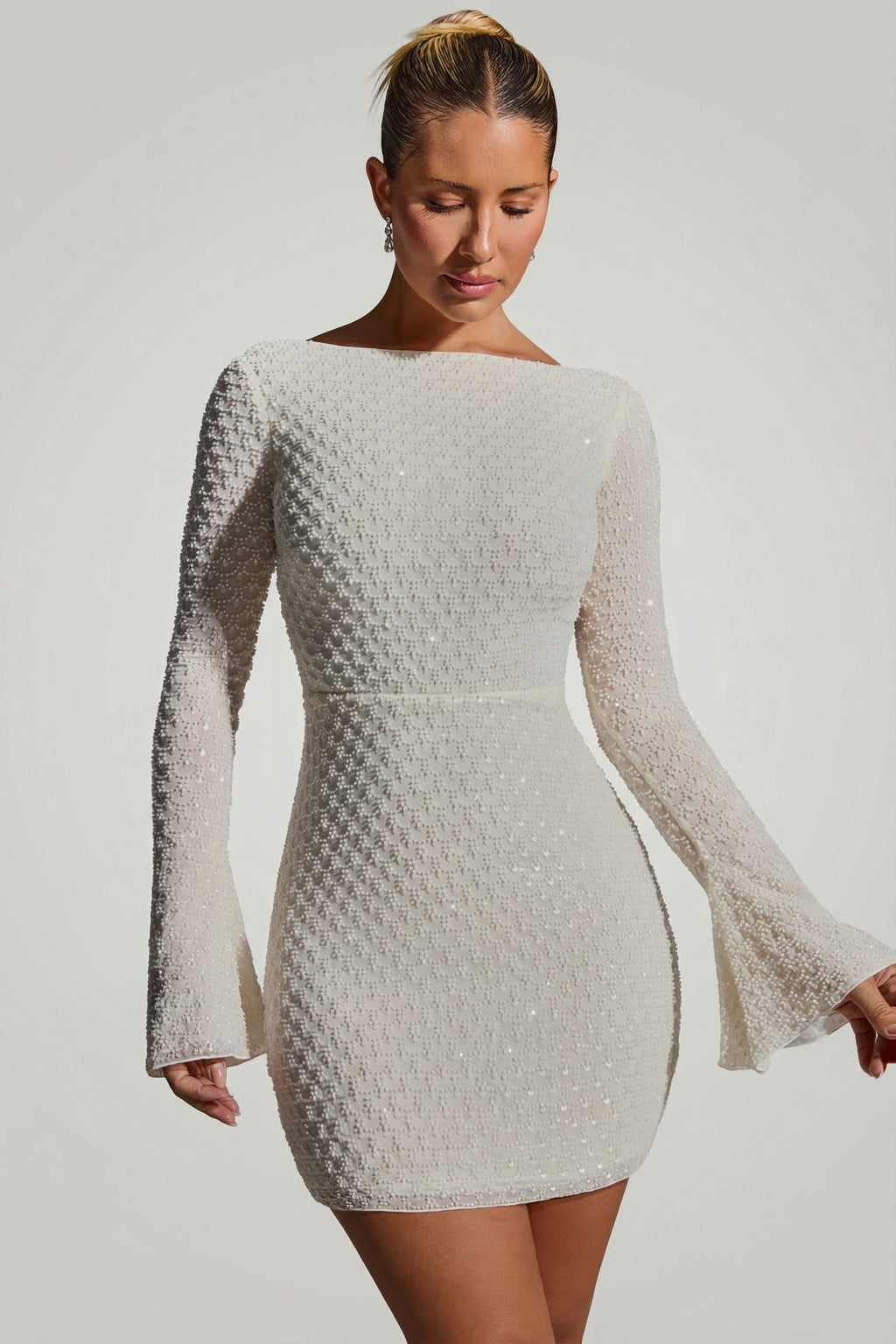 Chic Embellished Open-Back A-Line Mini Dress in White