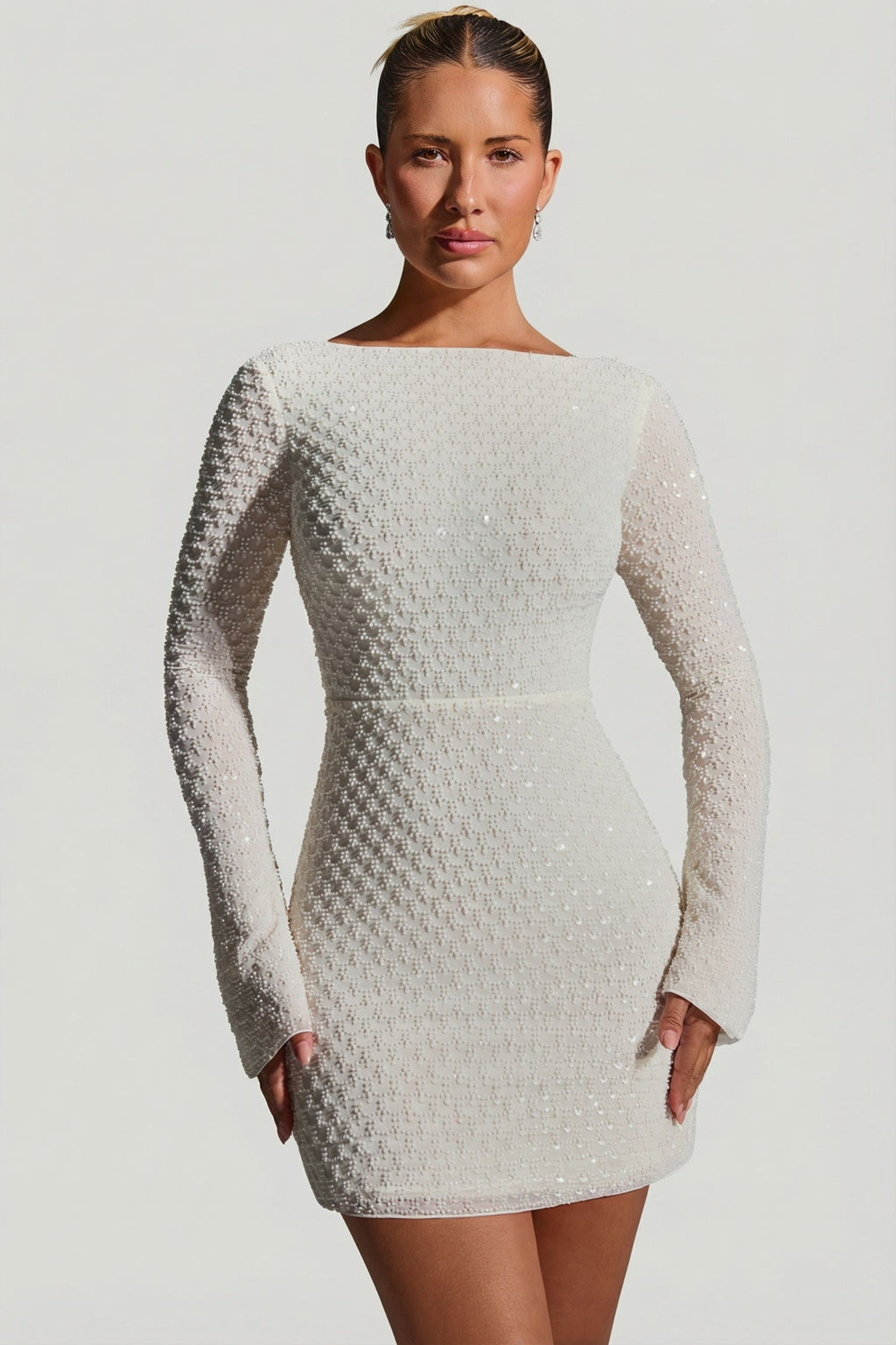 Chic Embellished Open-Back A-Line Mini Dress in White