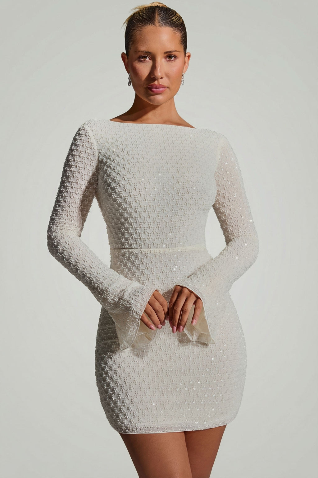 Chic Embellished Open-Back A-Line Mini Dress in White