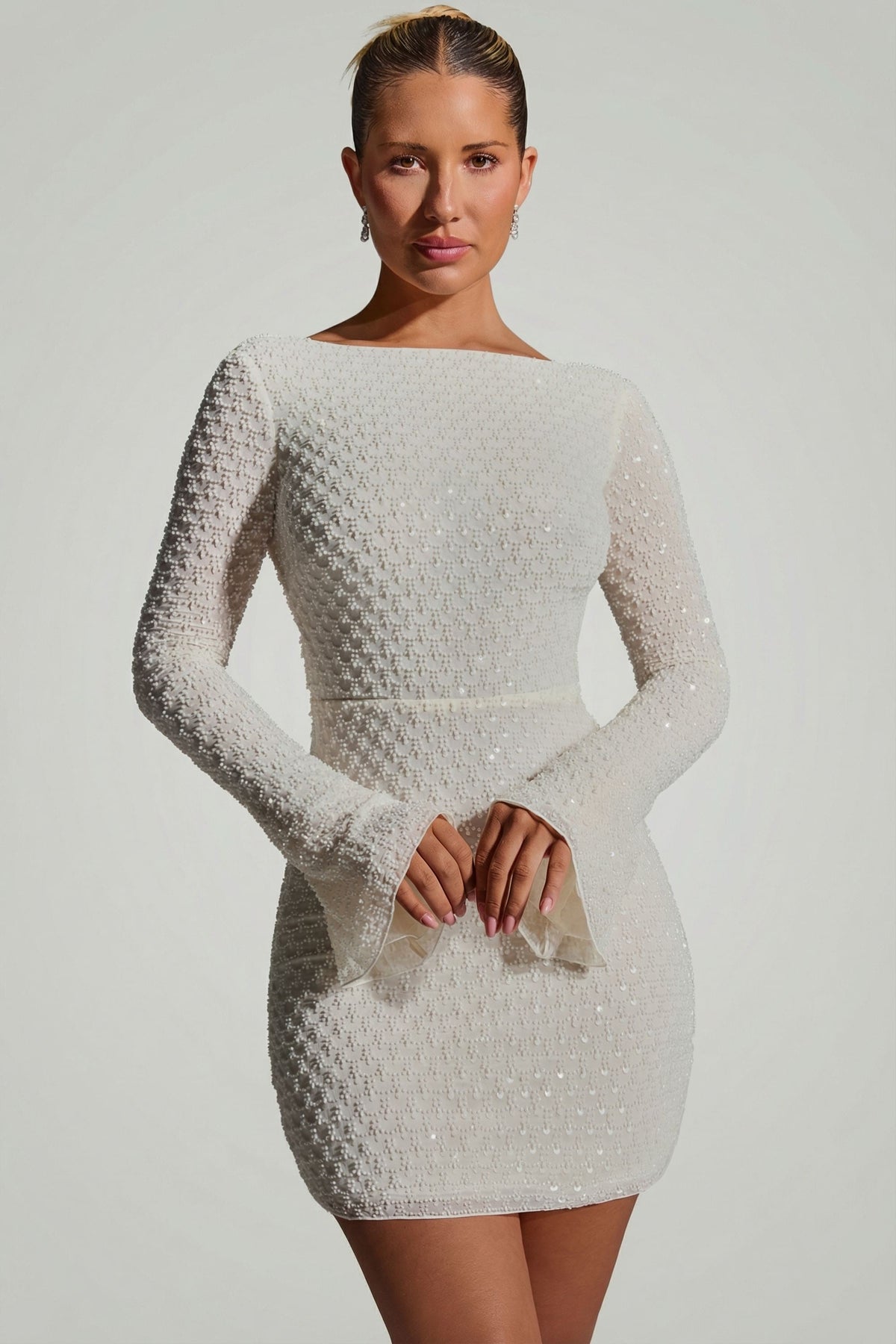 Chic Embellished Open-Back A-Line Mini Dress in White