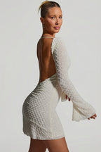 Chic Embellished Open-Back A-Line Mini Dress in White