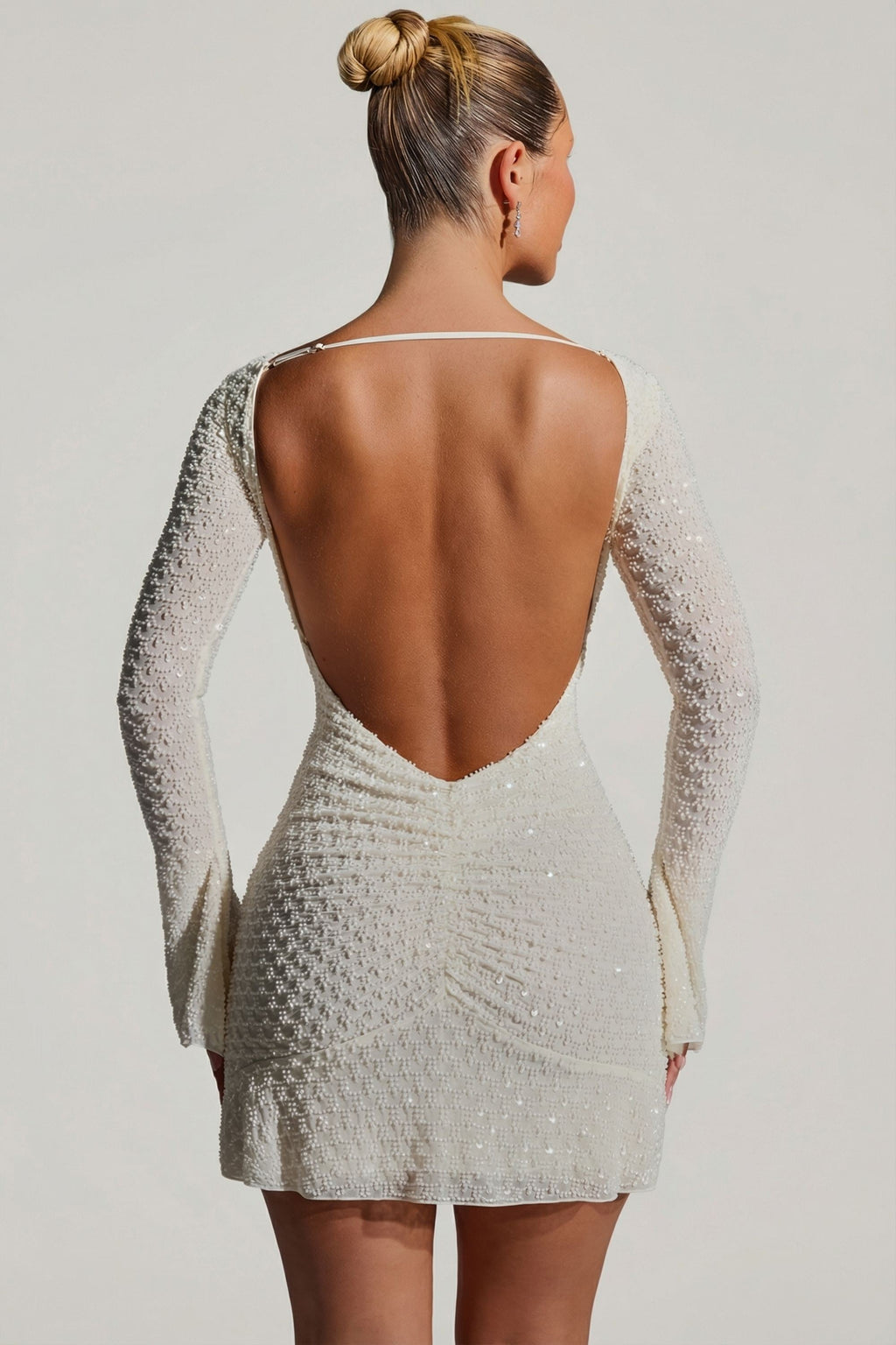 Chic Embellished Open-Back A-Line Mini Dress in White