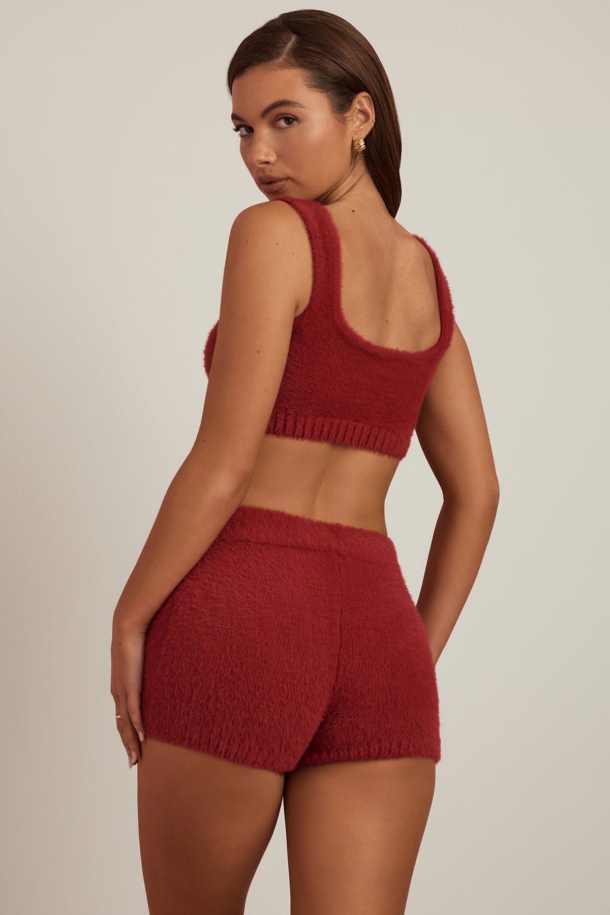 Chic Fluffy Knit Mid-Rise Mini Shorts in Ruby Red