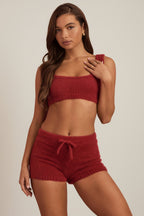 Chic Fluffy Knit Mid-Rise Mini Shorts in Ruby Red