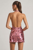 Chic Sequin-Embellished Halterneck Mini Dress in Pink