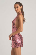 Chic Sequin-Embellished Halterneck Mini Dress in Pink