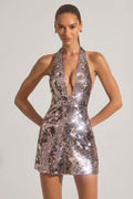 Chic Sequin-Embellished Halterneck Mini Dress in Silver