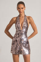 Chic Sequin-Embellished Halterneck Mini Dress in Silver