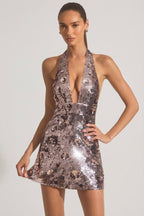 Chic Sequin-Embellished Halterneck Mini Dress in Silver