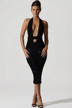 Chic Embellished Cut-Out Open-Back Midaxi Dress in Black