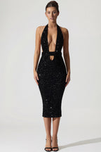 Chic Embellished Cut-Out Open-Back Midaxi Dress in Black