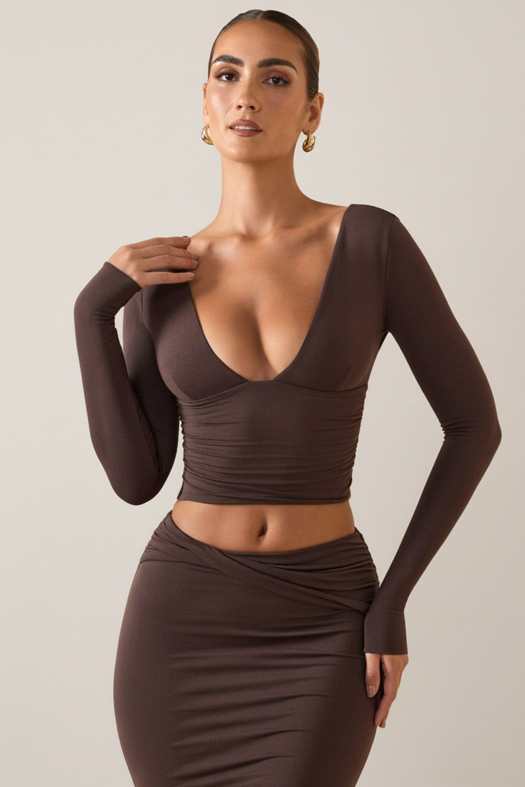 Chic Modal Plunge Long-Sleeve Top in Chocolate Brown