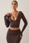 Chic Modal Plunge Long-Sleeve Top in Chocolate Brown