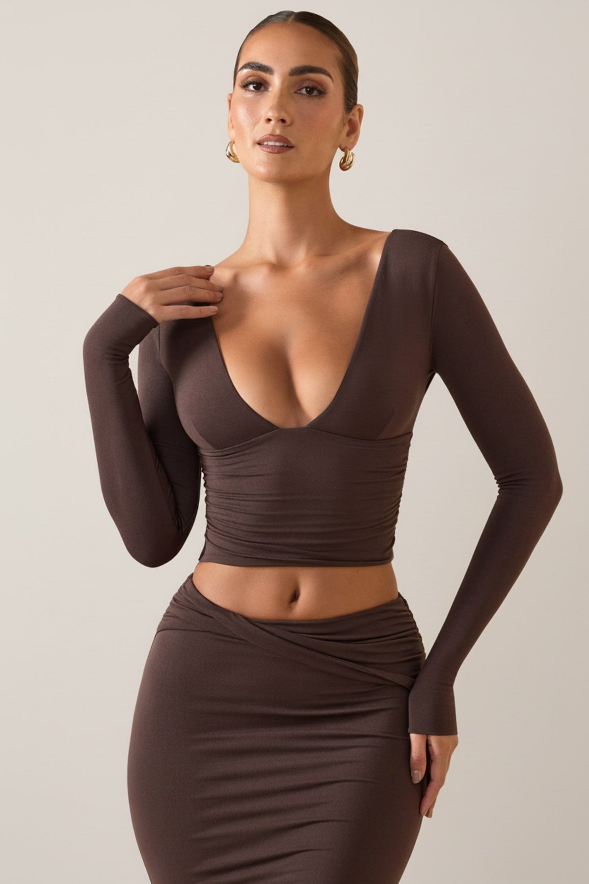 Chic Modal Plunge Long-Sleeve Top in Chocolate Brown