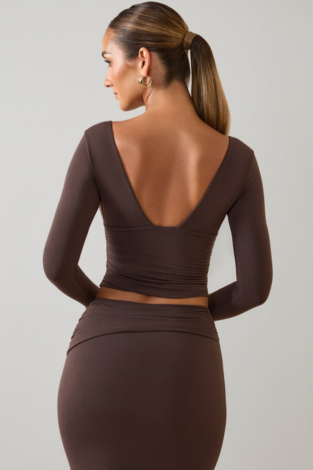 Chic Modal Plunge Long-Sleeve Top in Chocolate Brown