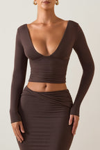 Chic Modal Plunge Long-Sleeve Top in Chocolate Brown