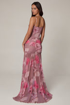 Chic Ruched Asymmetric Corset Gown in Blurred Floral