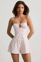 Chic Ruched Backless Playsuit in Cherry Print