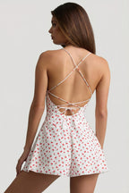 Chic Ruched Backless Playsuit in Cherry Print