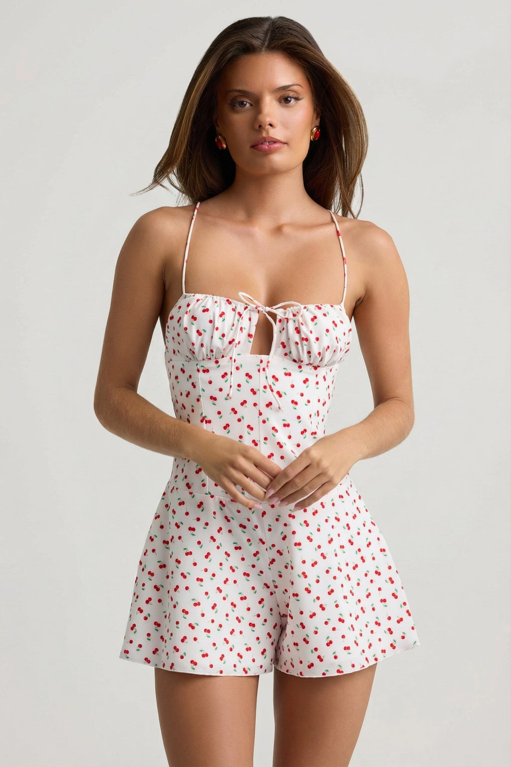 Chic Ruched Backless Playsuit in Cherry Print