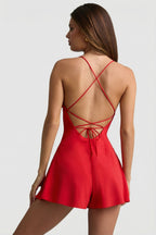 Chic Ruched Backless Playsuit in Scarlet Red