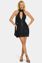 Chic Embellished Scarf-Detail Halterneck Mini Dress in Black