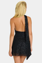 Chic Embellished Scarf-Detail Halterneck Mini Dress in Black