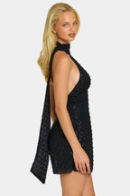Chic Embellished Scarf-Detail Halterneck Mini Dress in Black