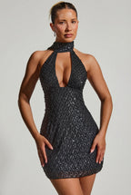 Chic Embellished Scarf-Detail Halterneck Mini Dress in Black
