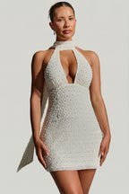 Chic Embellished Scarf-Detail Halterneck Mini Dress in White