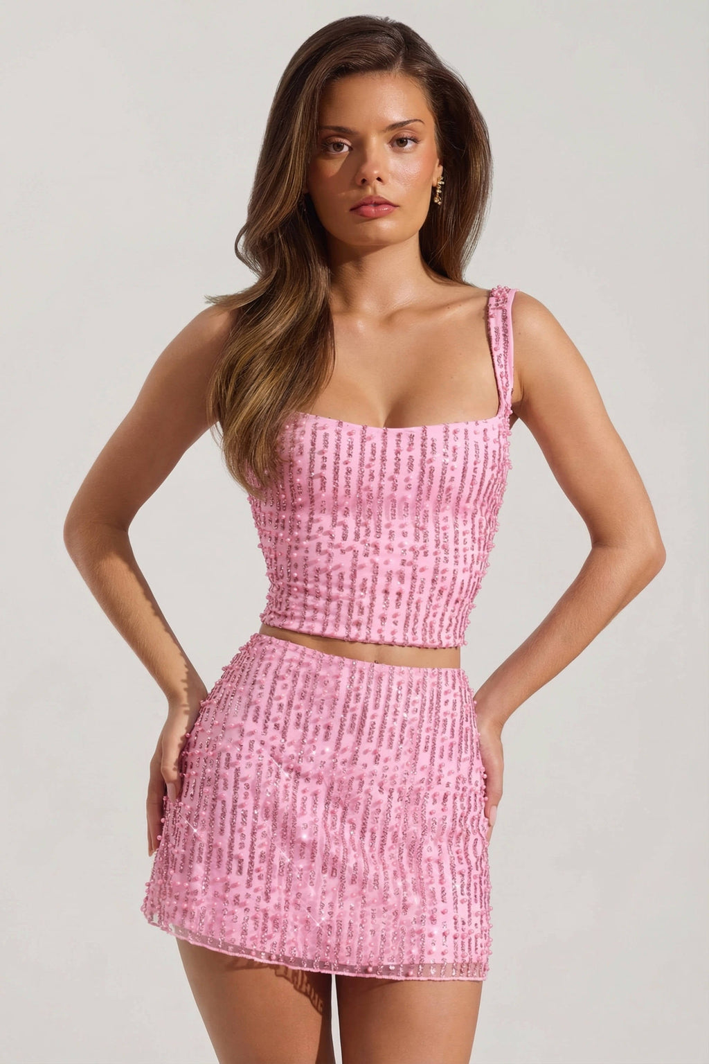 Chic Embellished Low-Rise Mini Skirt in Pink
