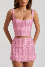 Chic Embellished Low-Rise Mini Skirt in Pink