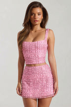 Chic Embellished Low-Rise Mini Skirt in Pink