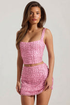 Chic Embellished Low-Rise Mini Skirt in Pink