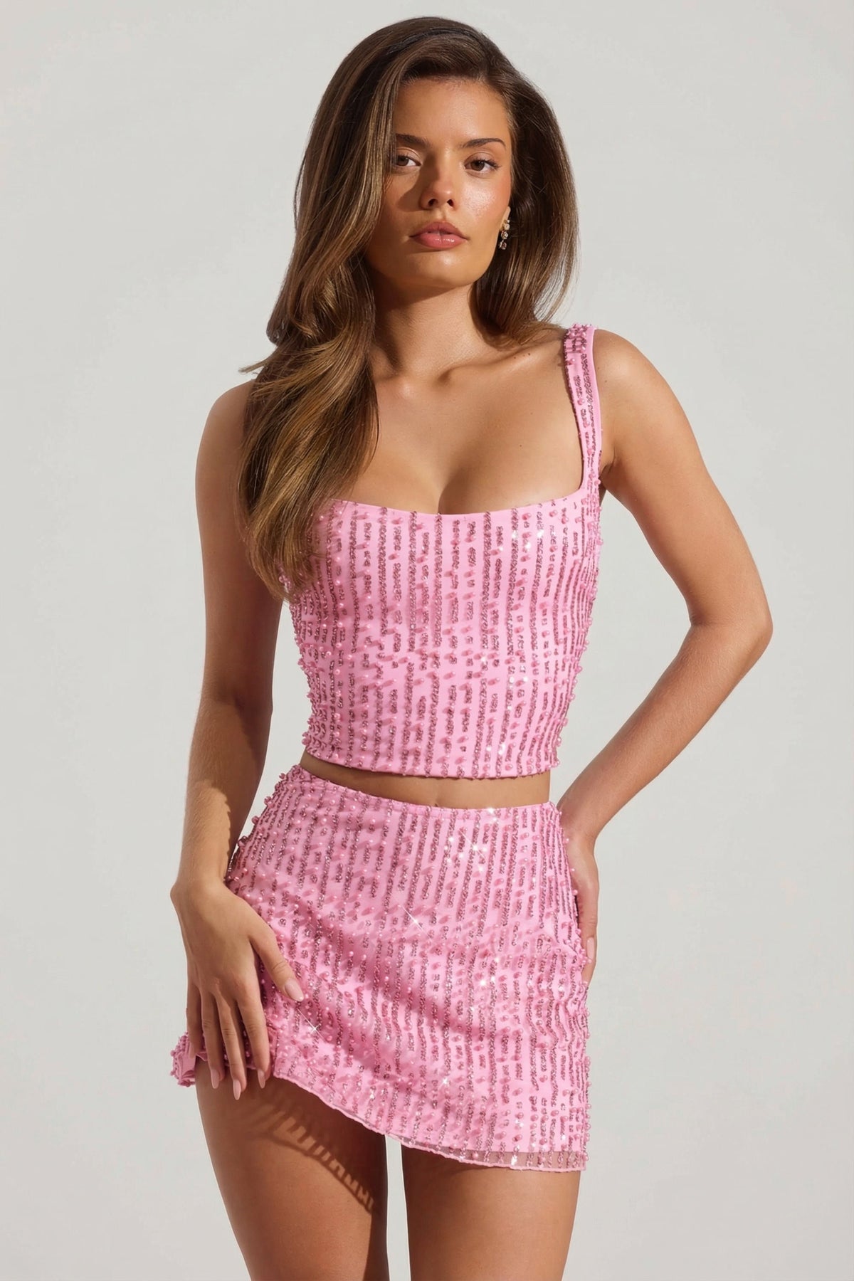 Chic Embellished Low-Rise Mini Skirt in Pink