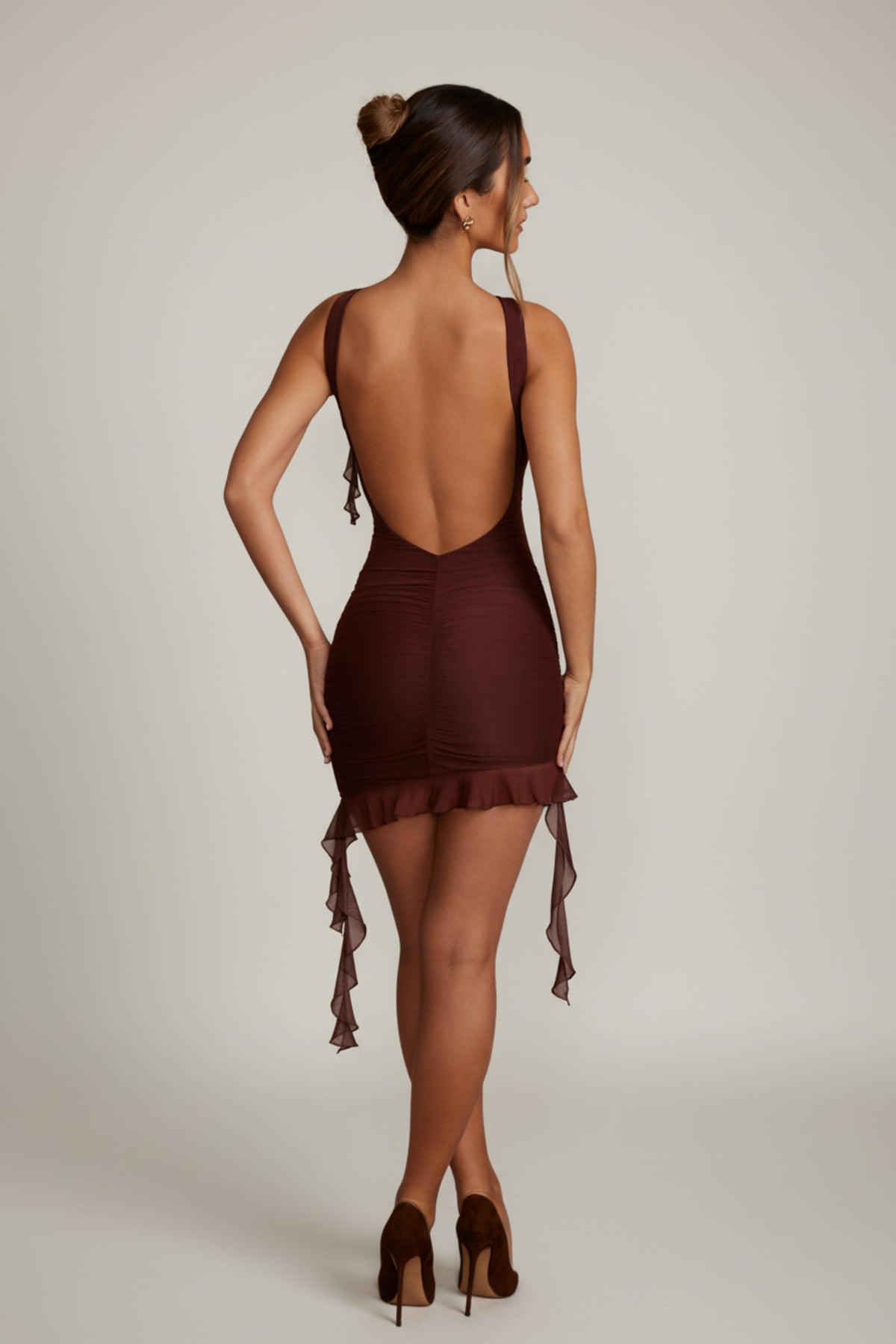Chic Backless Ruffle Detailing Mini Dress in Brown